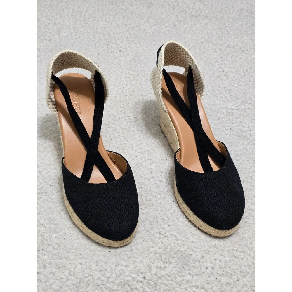 J.Crew Black Canvas Espadrille Wedge Sandals Lace Up Ankle Tie Cream Heel 7.5